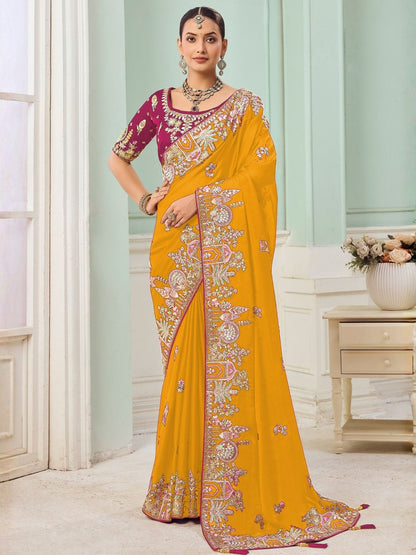 Rajwada Yellow Satin Embroidered Saree For Women