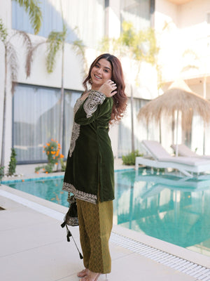 Rajwada Olive Velvet Embroidered Kurta Set For Women