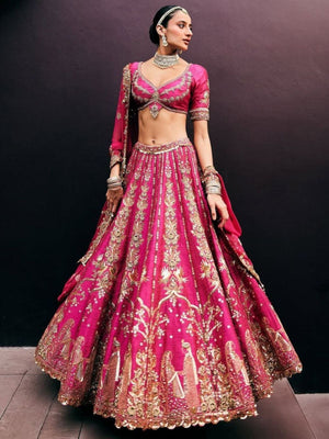 Rajwada Pink Silk Blend Embellished Semi Stitched Lehenga For Women