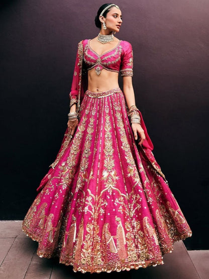 Rajwada Pink Silk Blend Embellished Semi Stitched Lehenga For Women