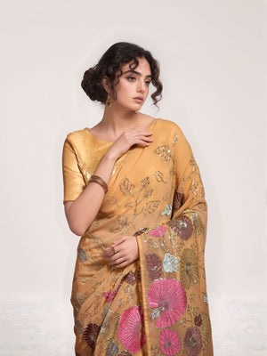 Rajwada Beige Georgette Embellished Saree For Women