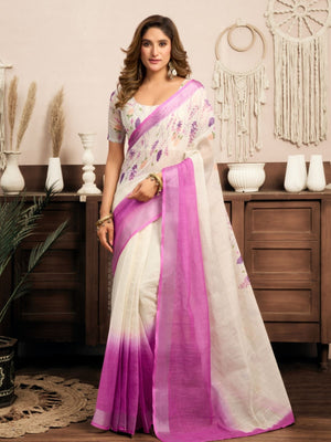 Rajwada White And Pink Cotton Linen Zari Work Saree For Women