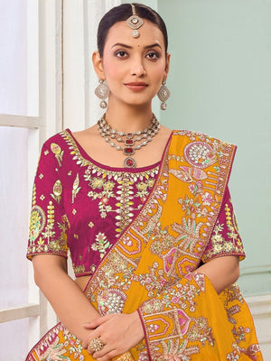 Rajwada Yellow Satin Embroidered Saree For Women