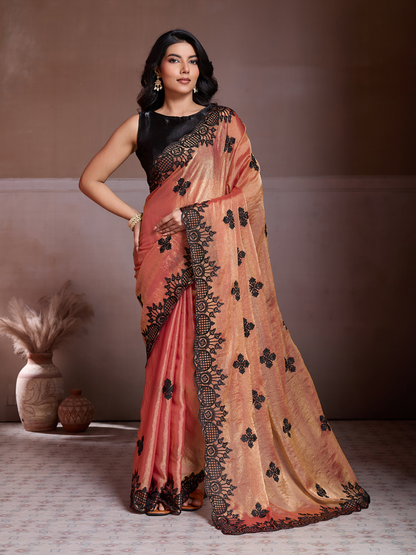 Rajwada Black And Magenta Chiffon Embroidered Saree For Women