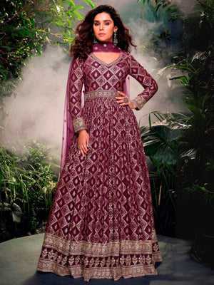 Rajwada Wine Jacquard Embroidered Semi Stitched Kurta With Dupatta For Women