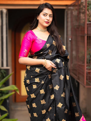 Rajwada Black Silk Blend Woven Saree For Women