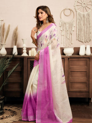 Rajwada White And Pink Cotton Linen Zari Work Saree For Women