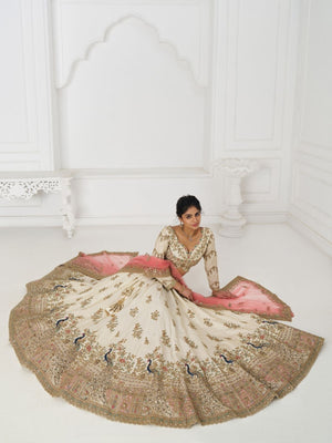 Rajwada Off White Silk Blend Embroidered Semi-Stitched Lehenga For Women