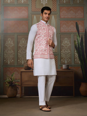 Rajwada White Silk Blend Plain Stitched Kurta Set For Men
