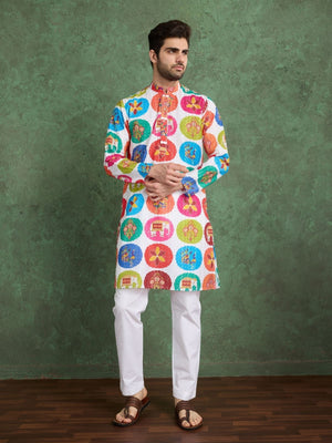 Rajwada Multicolor Rayon Printed and Embroidered Stitched Kurta For Men