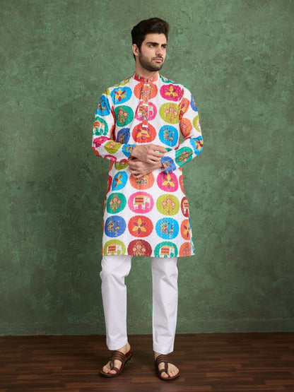 Rajwada Multicolor Rayon Printed and Embroidered Stitched Kurta For Men