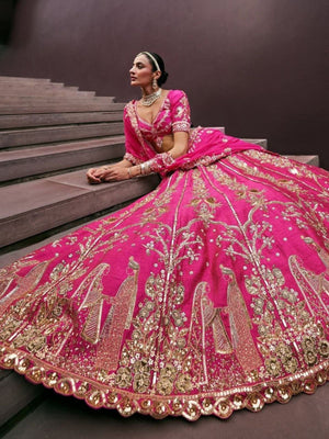 Rajwada Pink Silk Blend Embellished Semi Stitched Lehenga For Women