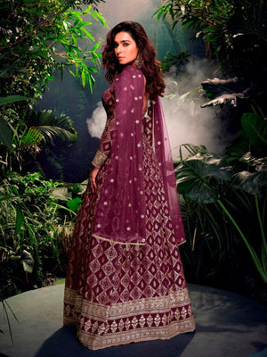 Rajwada Wine Jacquard Embroidered Semi Stitched Kurta With Dupatta For Women