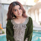Rajwada Olive Velvet Embroidered Kurta Set For Women