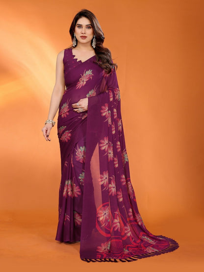 Rajwada Wine Silk Blend Floral Print Saree For Women
