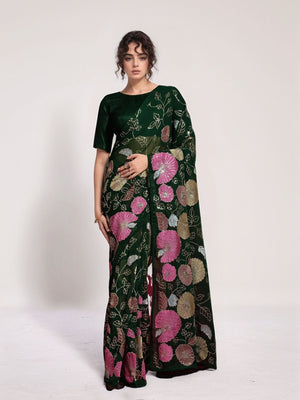 Rajwada Dark Green Georgette Embellished Saree For Women