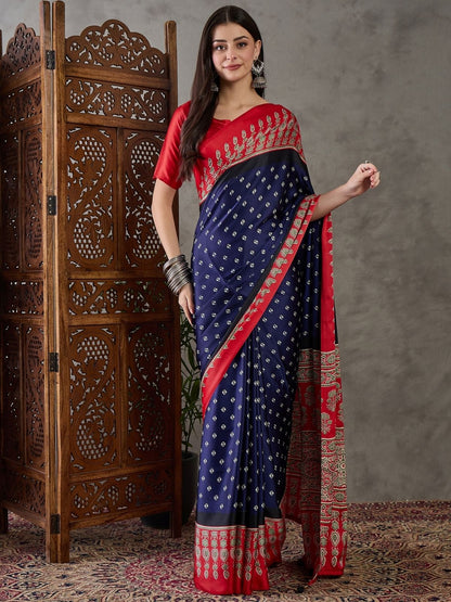 Rajwada Navy Blue And Red Silk Blend Printed Elegant Saree For Women