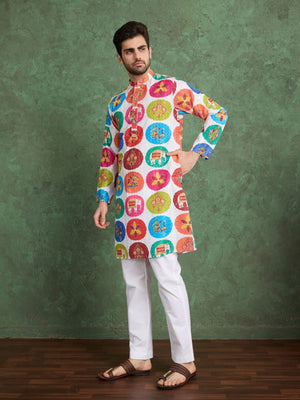 Rajwada Multicolor Rayon Printed and Embroidered Stitched Kurta For Men