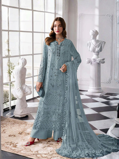 Rajwada Pastle Blue Georgette Embellished Semi Stitched Kurta Set For Women