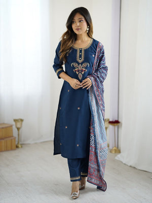 Rajwada Teal Blue Chanderi Embriodered Stitched Kurta Set For Women