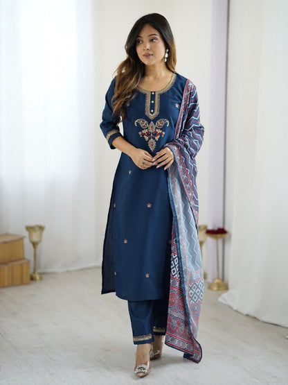 Rajwada Teal Blue Chanderi Embriodered Stitched Kurta Set For Women