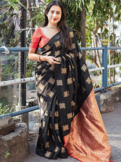 Rajwada Black Silk Blend Woven Saree For Women