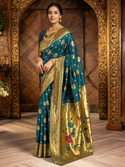 Rajwada Deep Teal Blue Silk Blend Woven Pithani Saree For Women