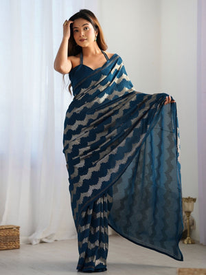 Rajwada Navy Blue Georgette Sequins Saree With Unstitched Blouse For Women