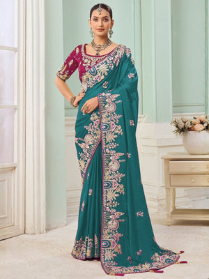 Rajwada Teal Green Satin Embroidered Saree For Women