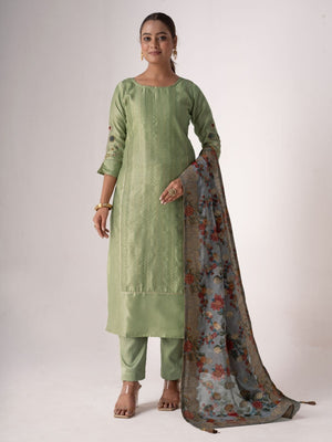 Rajwada Green Tusser Silk Designer Embroidered Semi-Stitched Kurta Set For Women