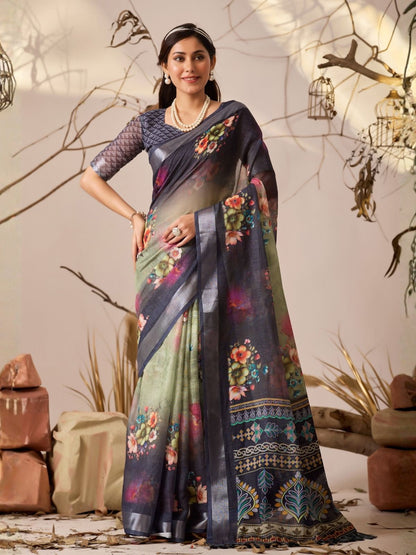 Rajwada Grey Linen Cotton Printed Saree For Women