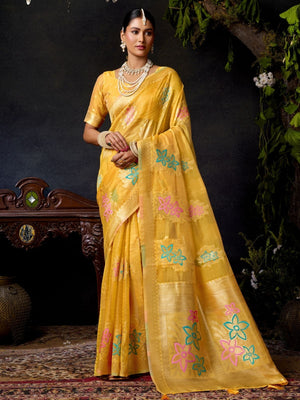 Rajwada Yellow Organza Solid Saree For Women