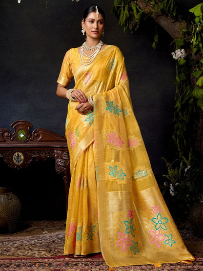 Rajwada Yellow Organza Solid Saree For Women