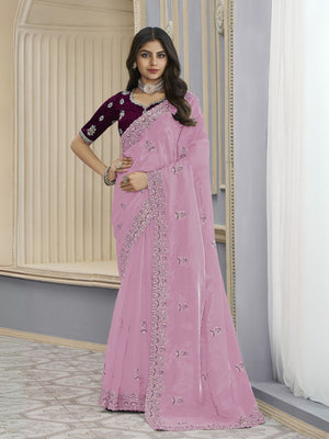 Rajwada Pink Organza Embroidered Elegant Saree For Women