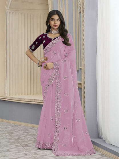 Rajwada Pink Organza Embroidered Elegant Saree For Women