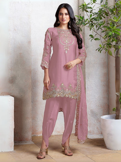 Rajwada Light Pink Georgette Embroidered & Cutwork Semi-Sitched Kurta Set For Women
