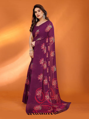 Rajwada Wine Silk Blend Floral Print Saree For Women