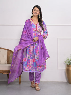 Rajwada Purple Muslin Silk Printed Stitched Kurta Set For Women