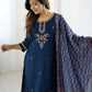 Rajwada Teal Blue Chanderi Embriodered Stitched Kurta Set For Women