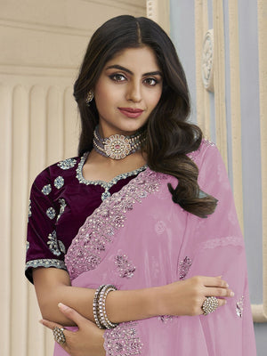 Rajwada Pink Organza Embroidered Elegant Saree For Women