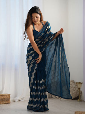 Rajwada Navy Blue Georgette Sequins Saree With Unstitched Blouse For Women
