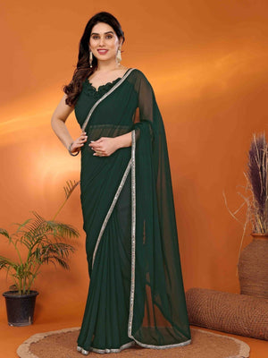 Rajwada Green Georgette Plain Saree With Unstitched Blouse For Women