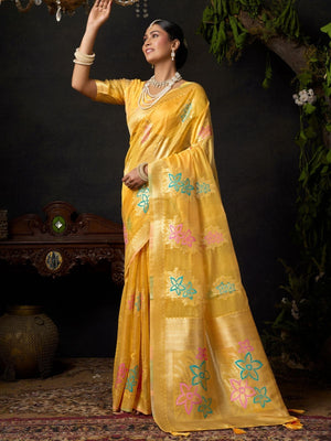 Rajwada Yellow Organza Solid Saree For Women