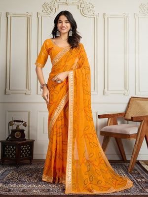 Rajwada Yellow Georgette Printed Saree For Women