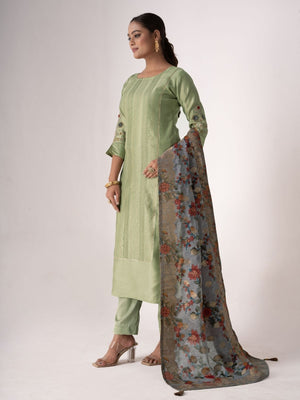 Rajwada Green Tusser Silk Designer Embroidered Semi-Stitched Kurta Set For Women