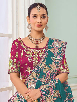 Rajwada Teal Green Satin Embroidered Saree For Women