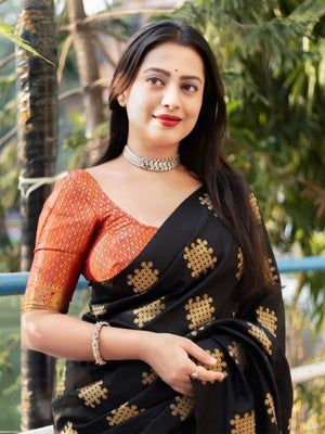 Rajwada Black Silk Blend Woven Saree For Women