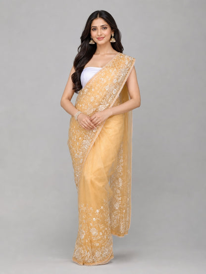 Light Yellow Soft Net Embroidered Saree