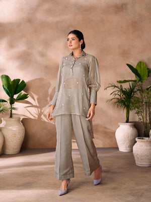 Rajwada Grey Organza Embellished Stitched Co-Ord Set For Women