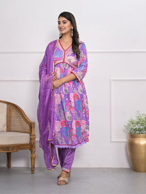 Rajwada Purple Muslin Silk Printed Stitched Kurta Set For Women